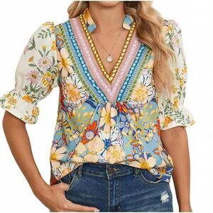 NEW SHEWIN daphne retro 70's floral top in multi blue